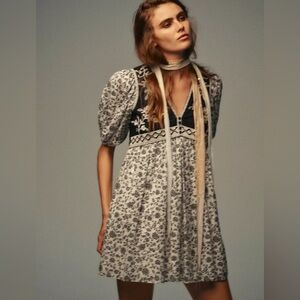 New NWOT Zara floral print combination short dress embroidered puff medium